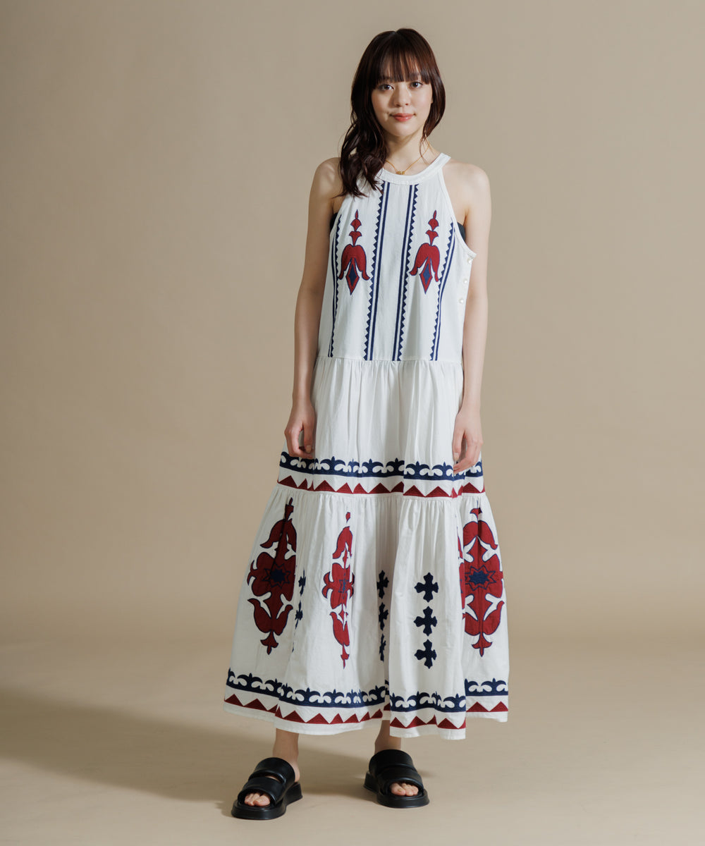 ライム　美品レースアップリケアシンメトリーワンピース　2way ロングジレ　刺繍 ガール GIRL 刺繍レース切替え5分袖プリーツロング丈結婚式