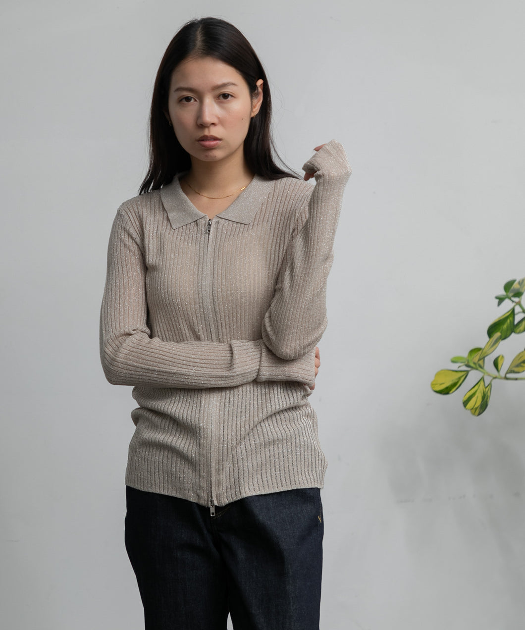 【WOMEN】ARC 針抜きリブ襟付きZIPカーディガン